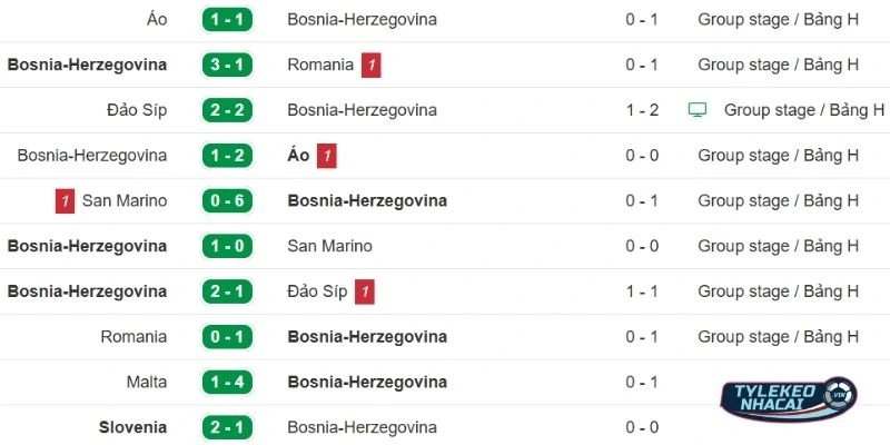 Hiệu suất thi đấu của Bosnia-Herzegovina